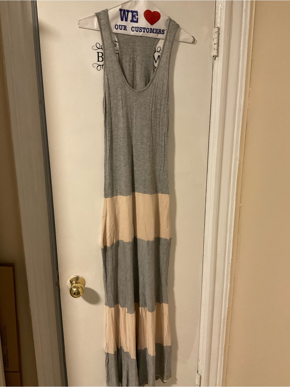 Karina Grimaldi Gray and Cream Striped Sleeveless Maxi Dress